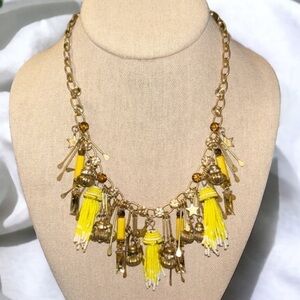 Ann Taylor Gold Tone Rhinestone with Yellow Beaded Fringe Tassel Charm Necklace
